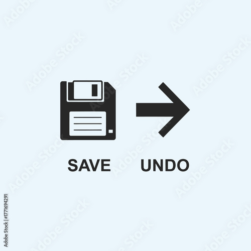 A humorous graphic design concept showing a floppy disk save icon and an arrow representing an undo command.