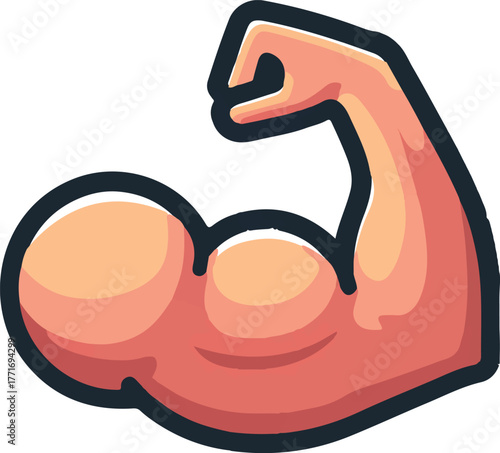 cartoon vector icon of a flexing bicep on a white background, vector art, simple design, flat colors, subtle shadows, high contrast