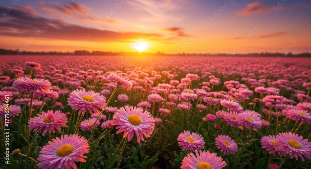 Obraz premium A vibrant field of pink daisies at sunset.