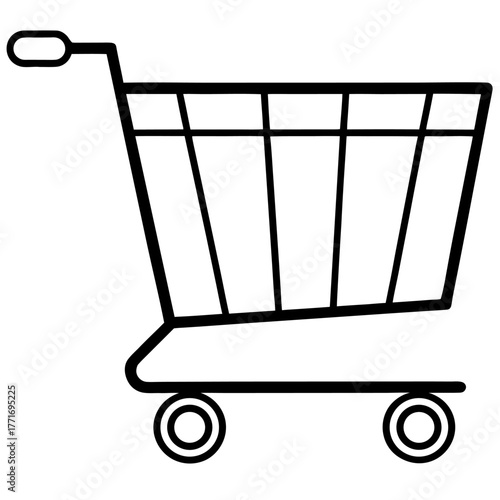 Black silhouette of a shopping cart with wheels isolated on a transparent background for e-commerce and retail design, isolated white background