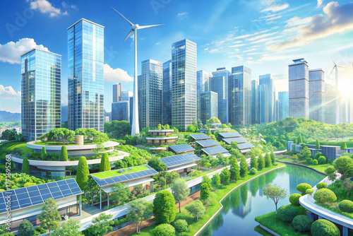 Modern city renewable energy solar panel wind turbine green architecture sustainable urban landscape eco friendly environment technology innovation bright sky reflection water