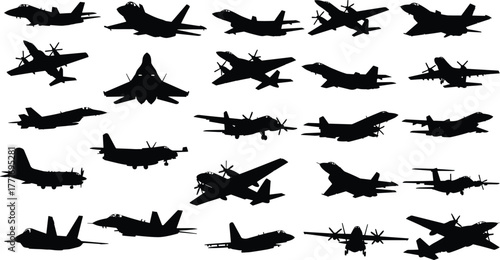 Military aircraft silhouettes collection, fighter jet and propeller plane vector set, black airplane shapes, aviation design, CAD drawing flat vector illustration