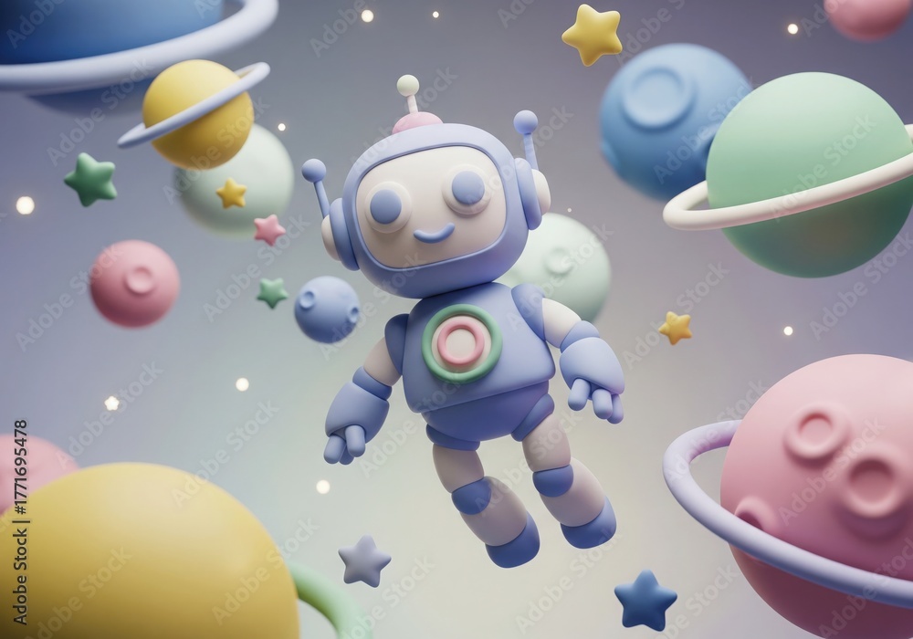 Naklejka premium Cute Clay Robot in Space. Pastel 3D Render.