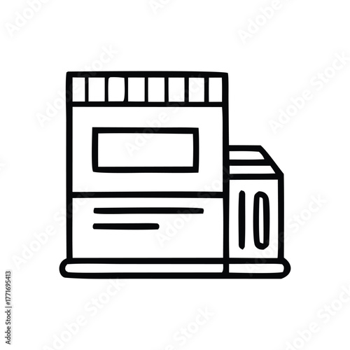 Minimalist line art illustration of a self-service vending machine, symbolizing automated retail, convenient transactions, and efficient product dispensing for commercial use