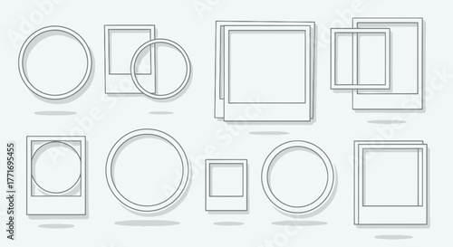 A collection of empty circular and square photo frames in a minimalist line art style with subtle drop shadows.