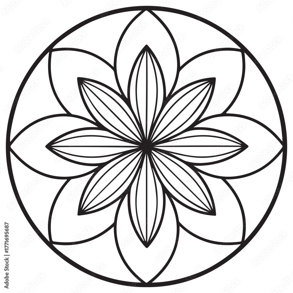 Fototapeta premium Symmetrical flower with pointed petals inside a circle, isolated on white background, creating a harmonious and balanced design