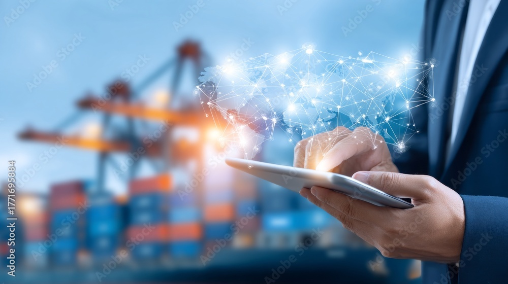 custom made wallpaper toronto digitalA confident businessman stands at a bustling port, intently working on a tablet. Behind him, cranes operate amidst stacked cargo containers, showcasing a vibrant scene of global trade and commerce