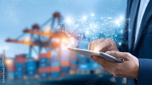 Wallpaper Mural A confident businessman stands at a bustling port, intently working on a tablet. Behind him, cranes operate amidst stacked cargo containers, showcasing a vibrant scene of global trade and commerce Torontodigital.ca
