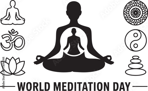 World Meditation Day Yoga Silhouette Icons Lotus Ohm Yin Yang Zen
