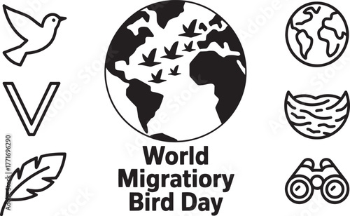 World Migratory Bird Day globe birds feather binoculars nature wildlife