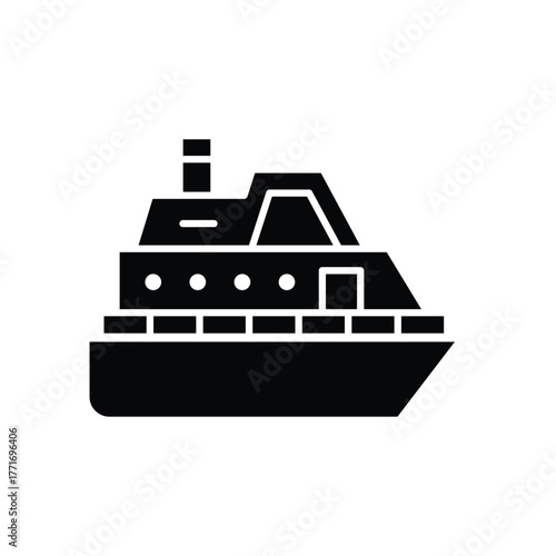 Simplified black boat silhouette suitable for travel brochures, nautical logos, vacation ads, marinethemed designs, cruise promotions, and oceanrelated content.