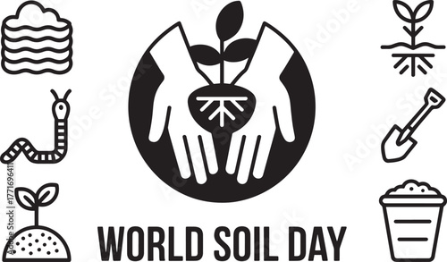 World Soil Day icons: soil, hands, worm, sprout, shovel, plant pot, roots