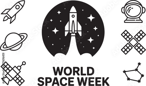World Space Week greeting with rocket icons. Galaxy exploration outline concept