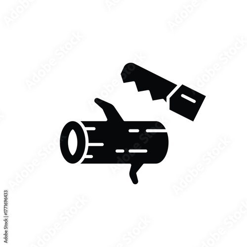 Saw cutting through log, monochrome. Ideal for woodworking, lumber industry, forestry, construction or diy project illustrations and designs.