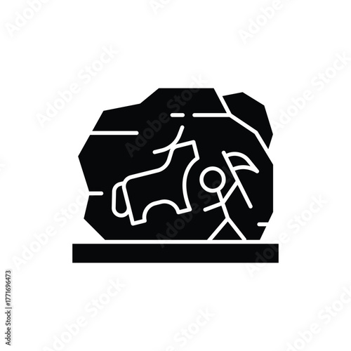 Simple blackandwhite petroglyph depicting a person with an animal great for use in historical content, educational materials, or cultural presentations.