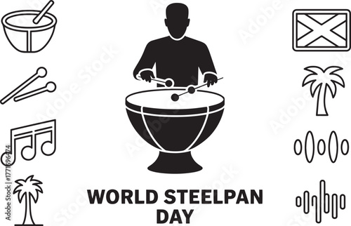 World Steelpan Day celebration design with player, drums, mallets, tropical elements and sound waves