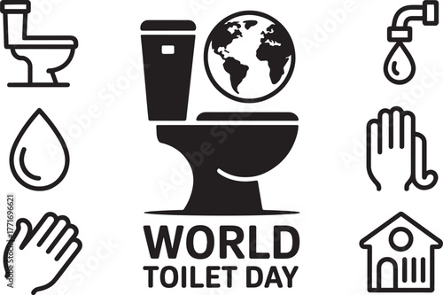 World Toilet Day concept. Silhouette icons set related to hygiene and sanitation