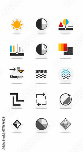 A collection of fifteen modern, flat design icons for photo editing software tools and functions.