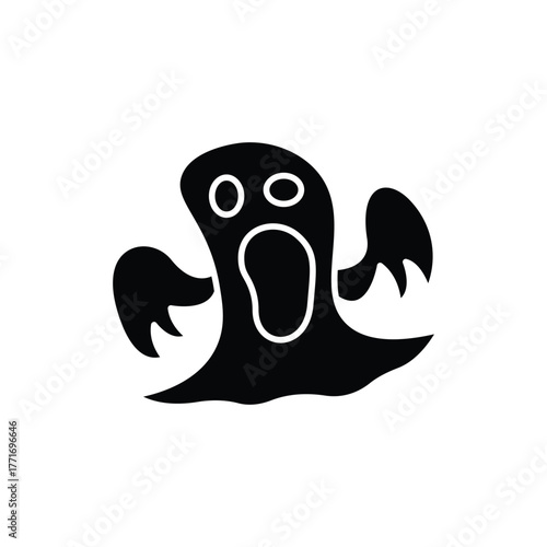 Black cartoon ghost screaming suitable for halloween designs, childrens book illustrations, spooky decorations, party invitations, and social media posts.