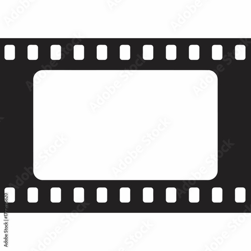 A single blank frame from a classic black 35mm film strip on a white background.