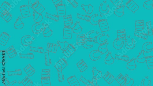 Colorful pattern of laboratory glassware and measuring tools on a bright turquoise background