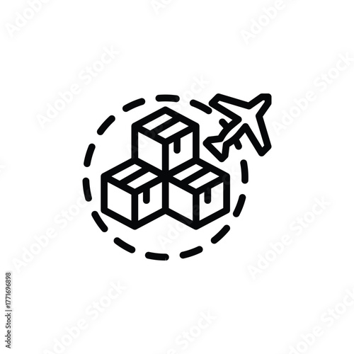 Boxes and an airplane within a dotted circle outline. Suitable for logistics, shipping, transportation, freight, and delivery concepts.
