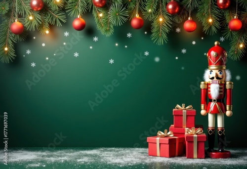 Merry Christmas and Happy New Year green background with nutcracker and Christmas gifts, decorated with fir branches and garlands of lights; card template with space for text