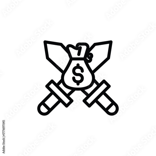 Money bag with dollar sign over crossed swords symbolizing financial power, wealth, and victory. Ideal for financerelated designs and concepts.