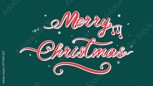 Elegant Merry Christmas Calligraphy Vector on Dark Green Background. Hand Lettering for Holiday Greeting Card.