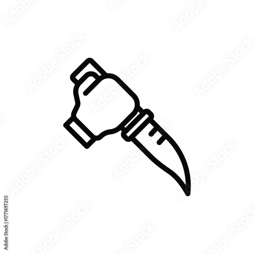 Hand holds a knife with a curved blade, great for designs related to cooking, food preparation, and kitchen utensils.