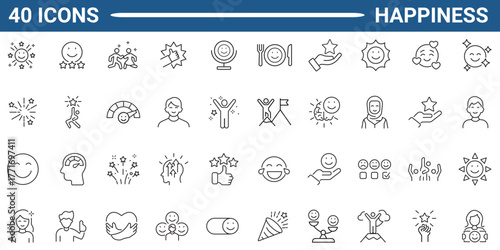 Happiness Web Icon Set in Line or outline Style. Icon For Web and Mobile App. Linear icon collection. Editable stroke. Vector illustration.	
