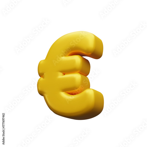 A 3D golden Euro currency symbol isolated on a clean white background. The symbol is designed in a puffy, inflated, balloon-like style with smooth, rounded edges and a glossy finish.