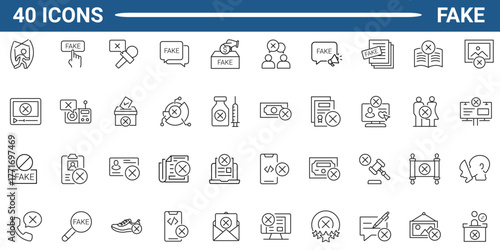 Fake line editable icon set. Contain icons related to Fake, Disinformation, hoax, and more. Editable stroke. Vector illustration