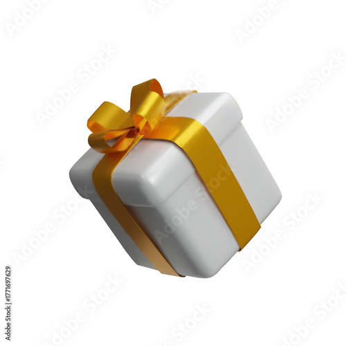 Three-dimensional white gift box with gold ribbon isolated on white background. Realistic 3D festive Christmas package, birthday, anniversary celebration, holiday design, advertising, promo templates.