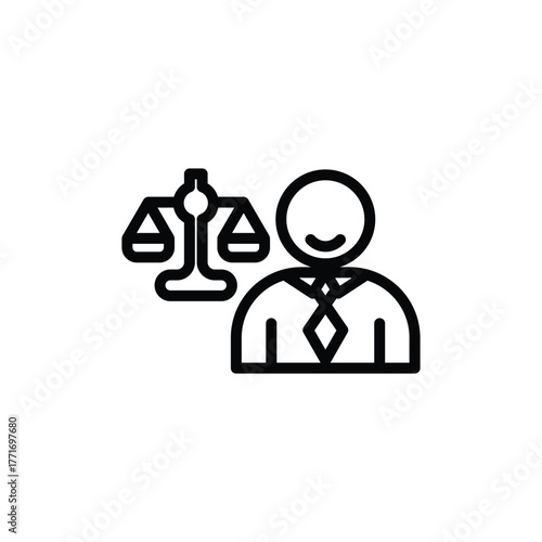 Featuring a lawyer standing next to the scale of justice. Ideal for legal, justice, law firm, and attorneyrelated designs.