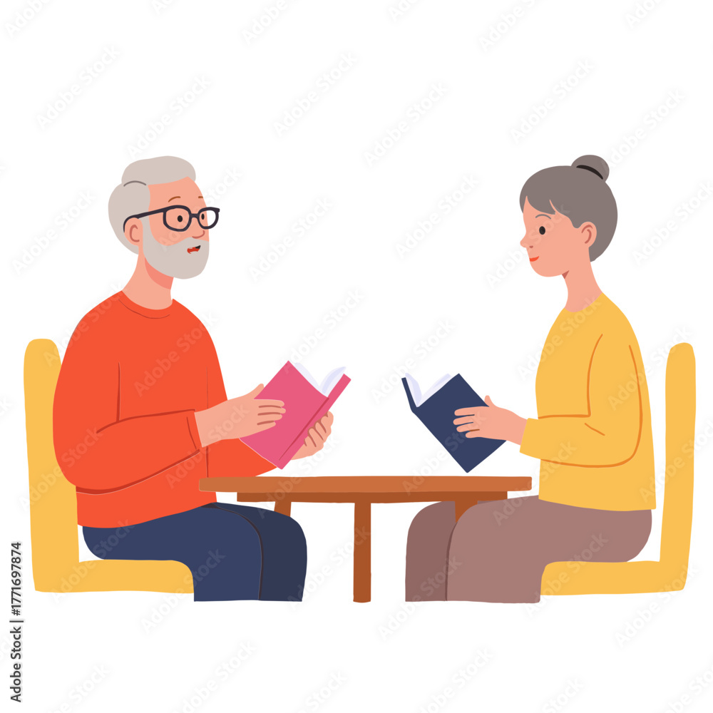 Fototapeta premium Elderly man and woman reading books at small table in cozy setting 