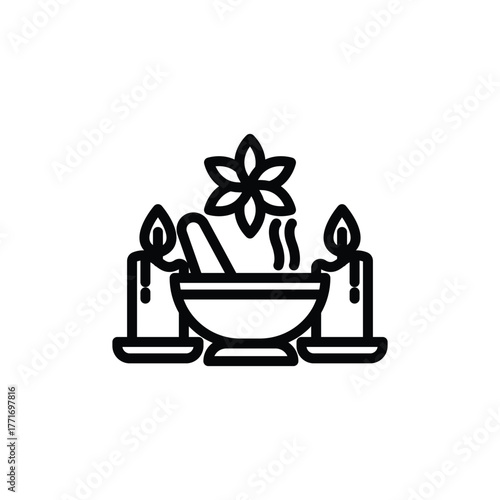 Candles, mortar pestle, flower, steaming herbs design. Perfect for holistic health, spa, wellness, aromatherapy, natural remedies, and alternative medicine concepts.