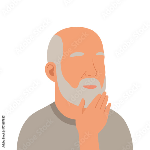 Elderly man thinking with hand on chin in a neutral setting  
