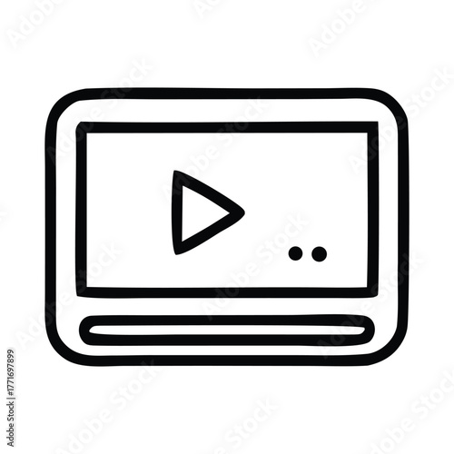 Hand-drawn style linear icon representing a multimedia player screen with a prominent play button, symbolizing digital video content, online streaming, and entertainment playback functionality