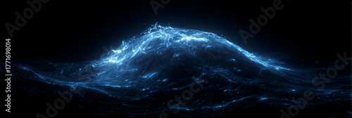 Futuristic blue ocean wave formed from glowing digital particles and lines, symbolizing technology, energy, and data flow motion.