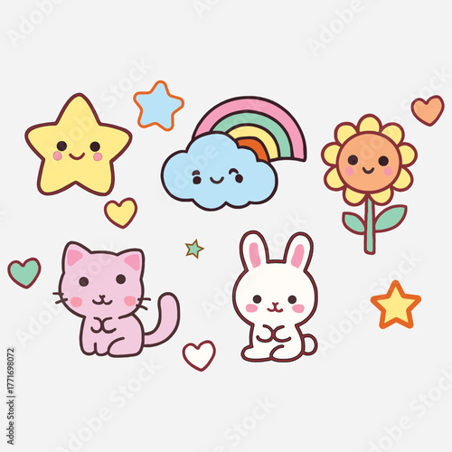 A collection of cute baby funny cartoon animals character icons, including a cat, dog, pig, rabbit, bear, cow, fox, and mouse head vector illustration set