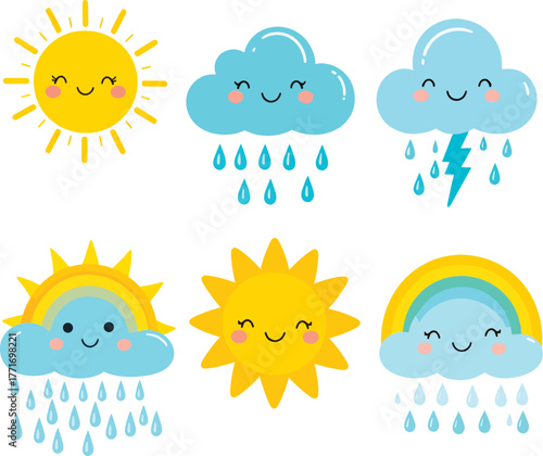 Cartoon set of weather forecast icons depicting sun, cloud, rain, storm, and moon for nature and climate design and illustration