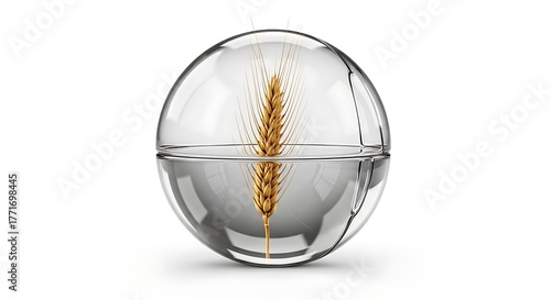 Golden wheat stalk encased in a clear glass orb filled with water on a white background