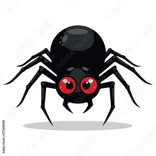 Cute Black Cartoon Spider Character with Bright Red Eyes on White.