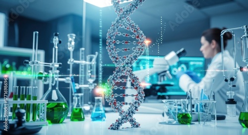 A DNA molecule model in a laboratory setting with a scientist in the background.