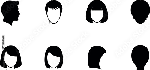 Black hairstyle silhouette icons, diverse head shapes, abstract haircut designs, male and female haircuts, vector illustration for stock use
