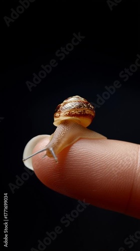 Tiny Traveler on Finger: A captivating macro shot showcases a snail delicately perched on a human finger, the detail of its shell and the textures of the skin coming alive against a dark background.