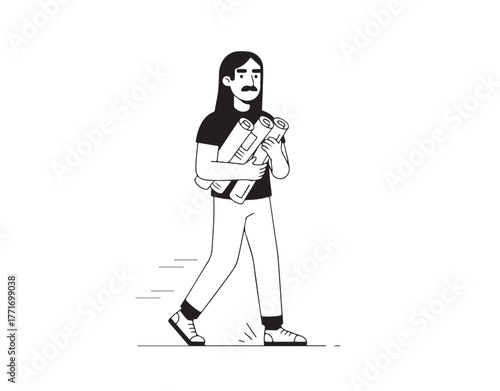 Man walking with project papers in hands, minimalist black and white vector illustration about design and planning Homem caminhando com papéis de projeto nas mãos, ilustração vetorial preto