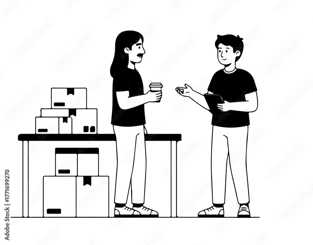 Two men talking in a workspace with boxes and documents, minimalist black and white line art about teamwork and collaboration