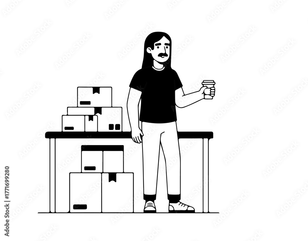 Man with mustache holding coffee standing among boxes and papers, minimalist black and white vector art about routine and work.Homem com bigode segurando café em pé entre caixas e papéis, ilustração